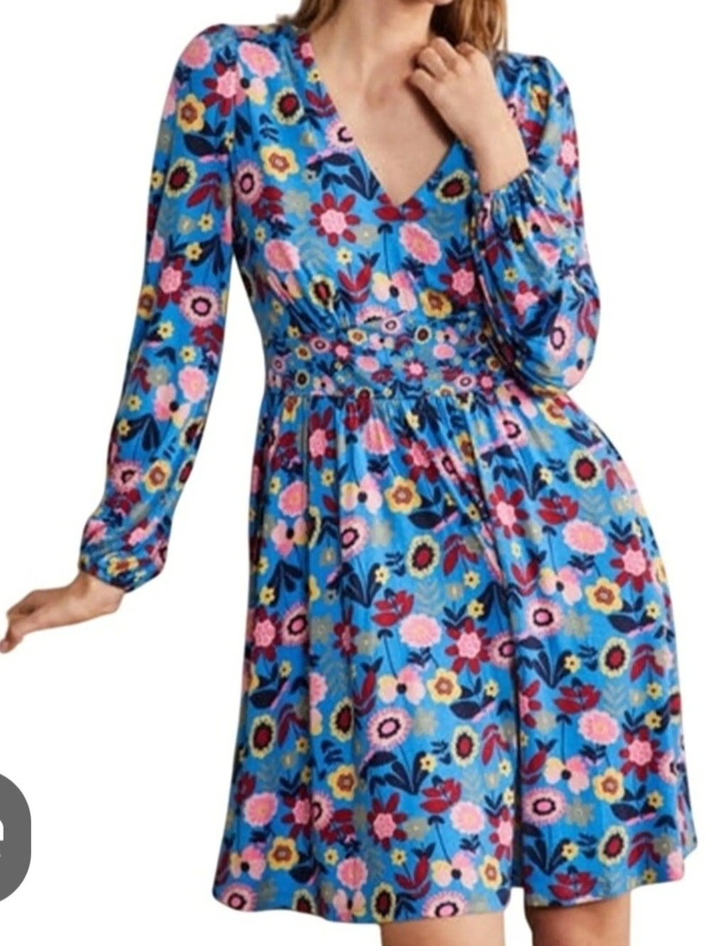 O Boden Mini Tea Moroccan Blue Floral V-Neck Long Sleeve Dress 6R
